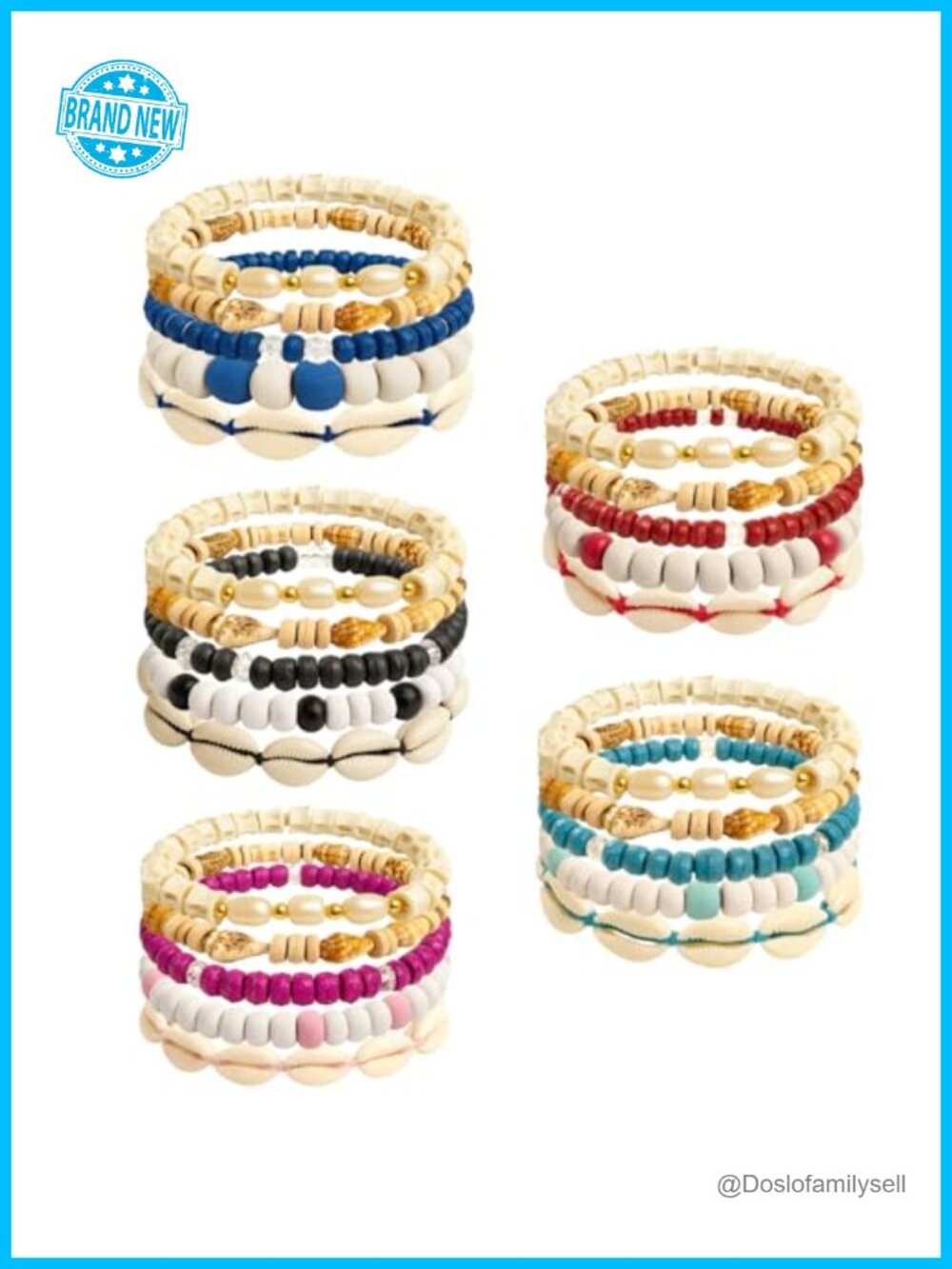 5 Sets Bohemian Stackable Stretch Bracelets - Natural Beaded Wood Shell Bone -